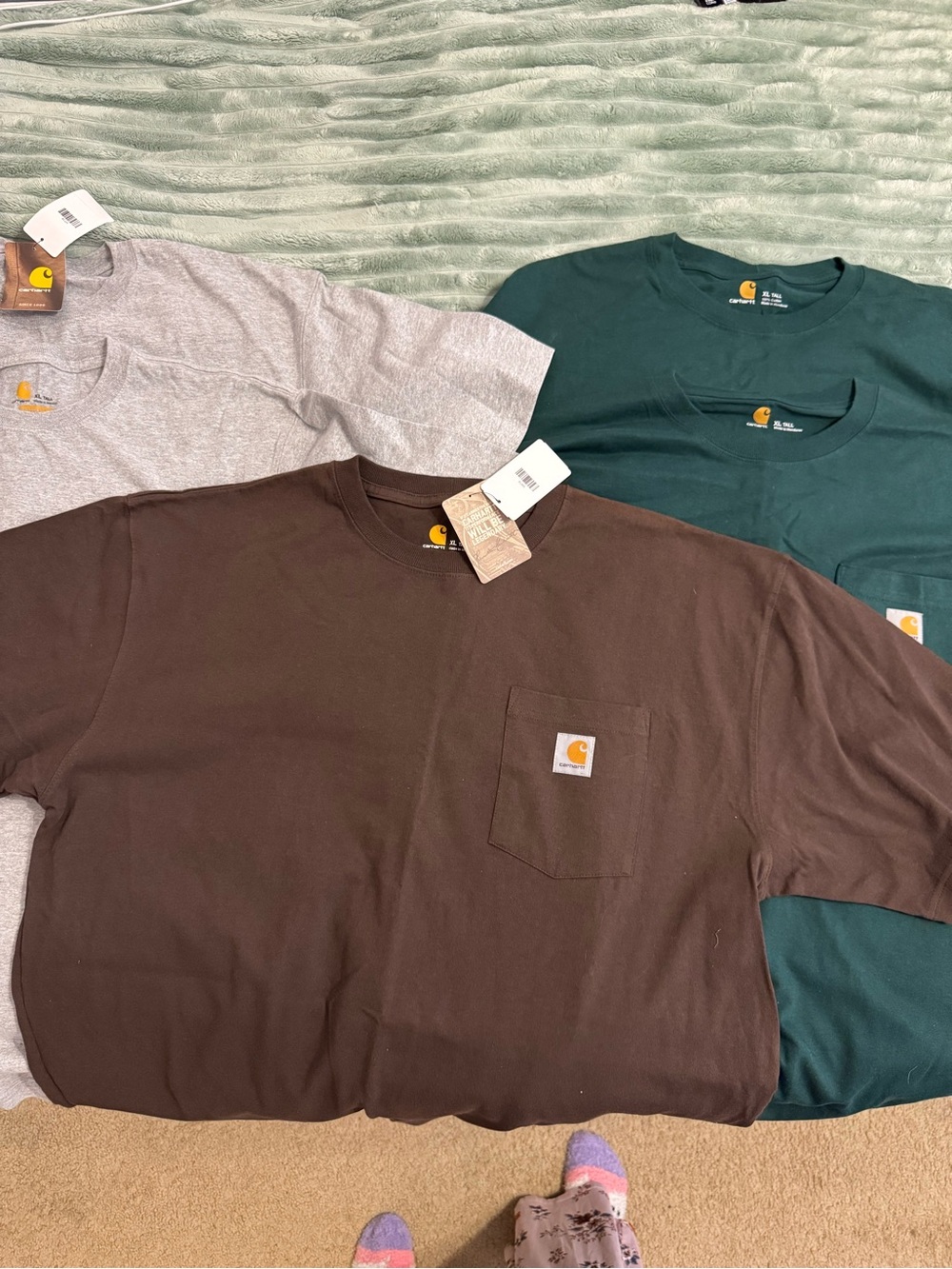 NWT 5 Carhartt Short-Sleeve Pocket Tee’s Brown, Heather Gray & Dark Green